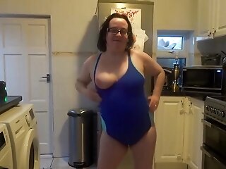 Wifey With Big Breasts Dancing In Taut Blue Swimsuit